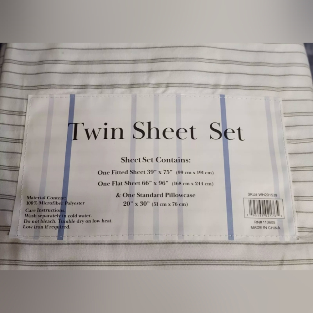Jaylin Collection Stripe Twin Sheet Set Ivory Faded Black Wrinkle Resistant